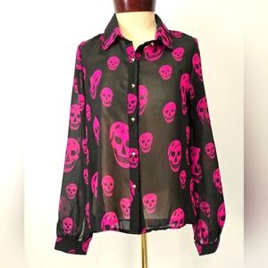 Black and Pink Sheer Skull Blouse with Studded Silver Buttons. Size Small